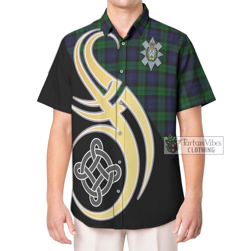 Black Watch Tartan Short Sleeve Button Shirt with Family Crest and Celtic Symbol Style Kid - Tartan Vibes Clothing