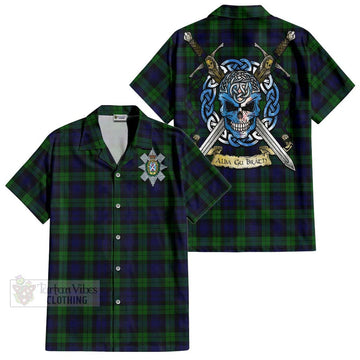 Black Watch Tartan Hawaiian Shirt with Family Crest Celtic Skull Style