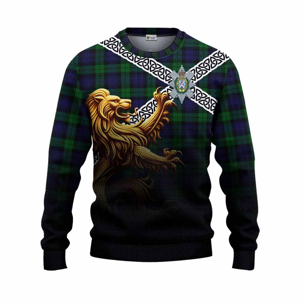 Tartan Vibes Clothing Black Watch Crest Tartan Knitted Sweater with Golden Lion Emblem Celtic Style