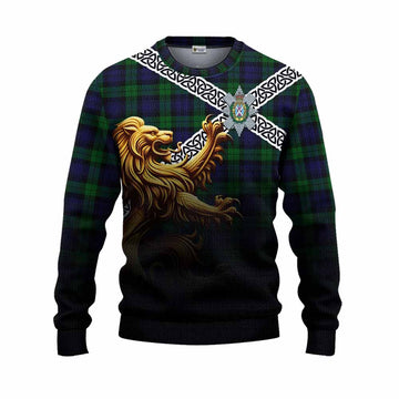 Tartan Vibes Clothing Black Watch Crest Tartan Knitted Sweater with Golden Lion Emblem Celtic Style