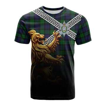 Black Watch Crest Tartan Cotton T-shirt with Golden Lion Emblem Celtic Style