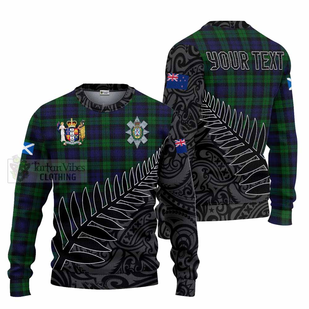 Tartan Vibes Clothing Black Watch Crest Tartan Knitted Sweater with New Zealand Silver Fern Half Style