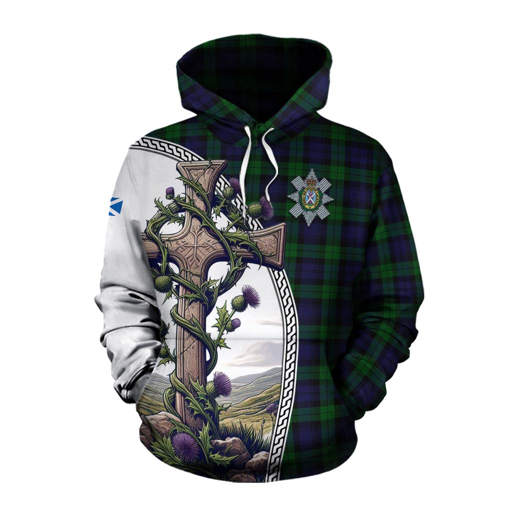 Tartan Vibes Clothing Black Watch Tartan Cotton Hoodie with Family Crest and St. Andrew's Cross Accented by Thistle Vines