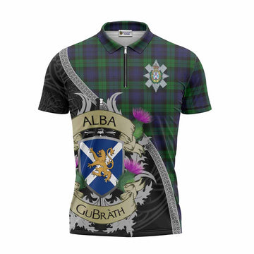 Black Watch Tartan Family Crest Zipper Polo Shirt Lion Rampant Royal Thistle Shield Celtic Inspired