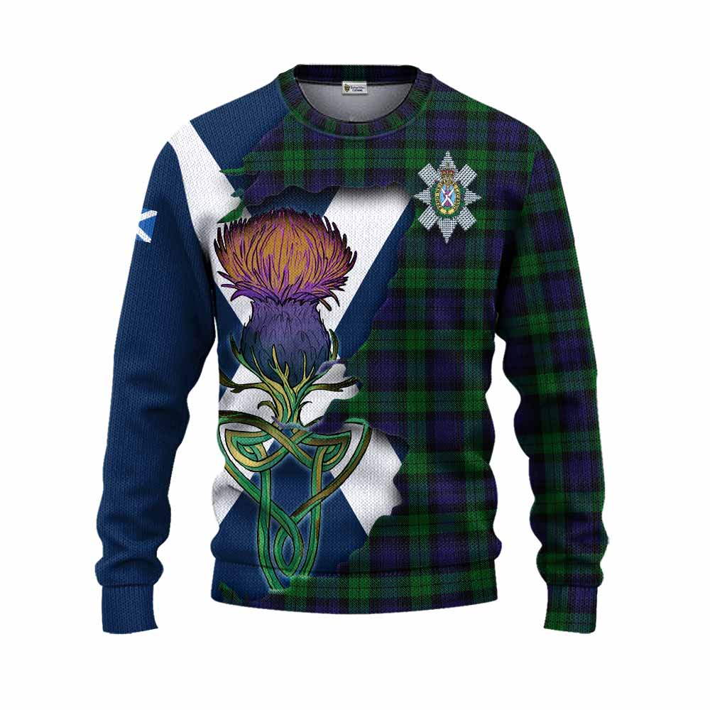 Tartan Vibes Clothing Black Watch Tartan Family Crest Knitted Sweater Scottish Thistle Celtic Inspired