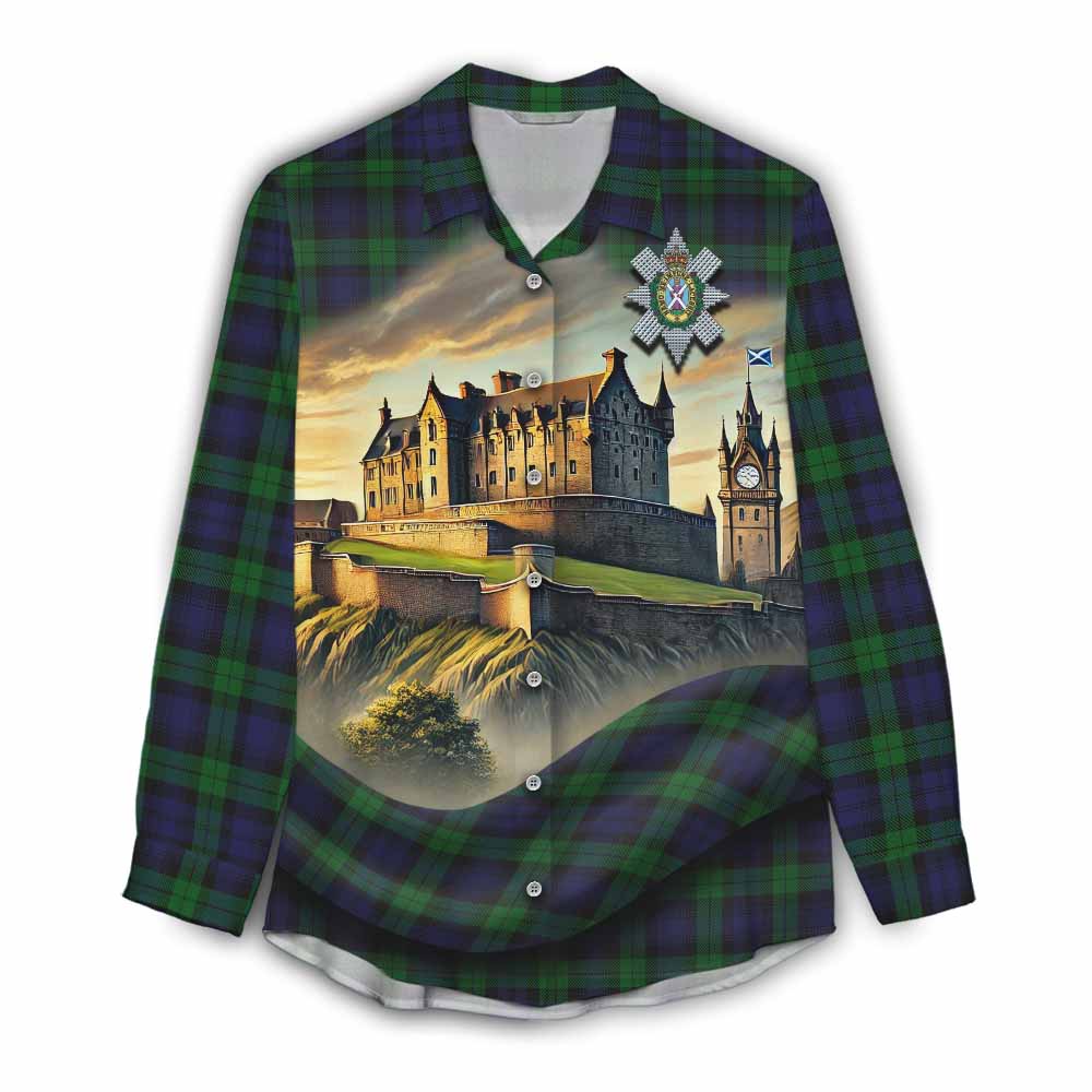 Tartan Vibes Clothing Black Watch Tartan Family Crest Women's Casual Shirt with Scottish Ancient Castle Style