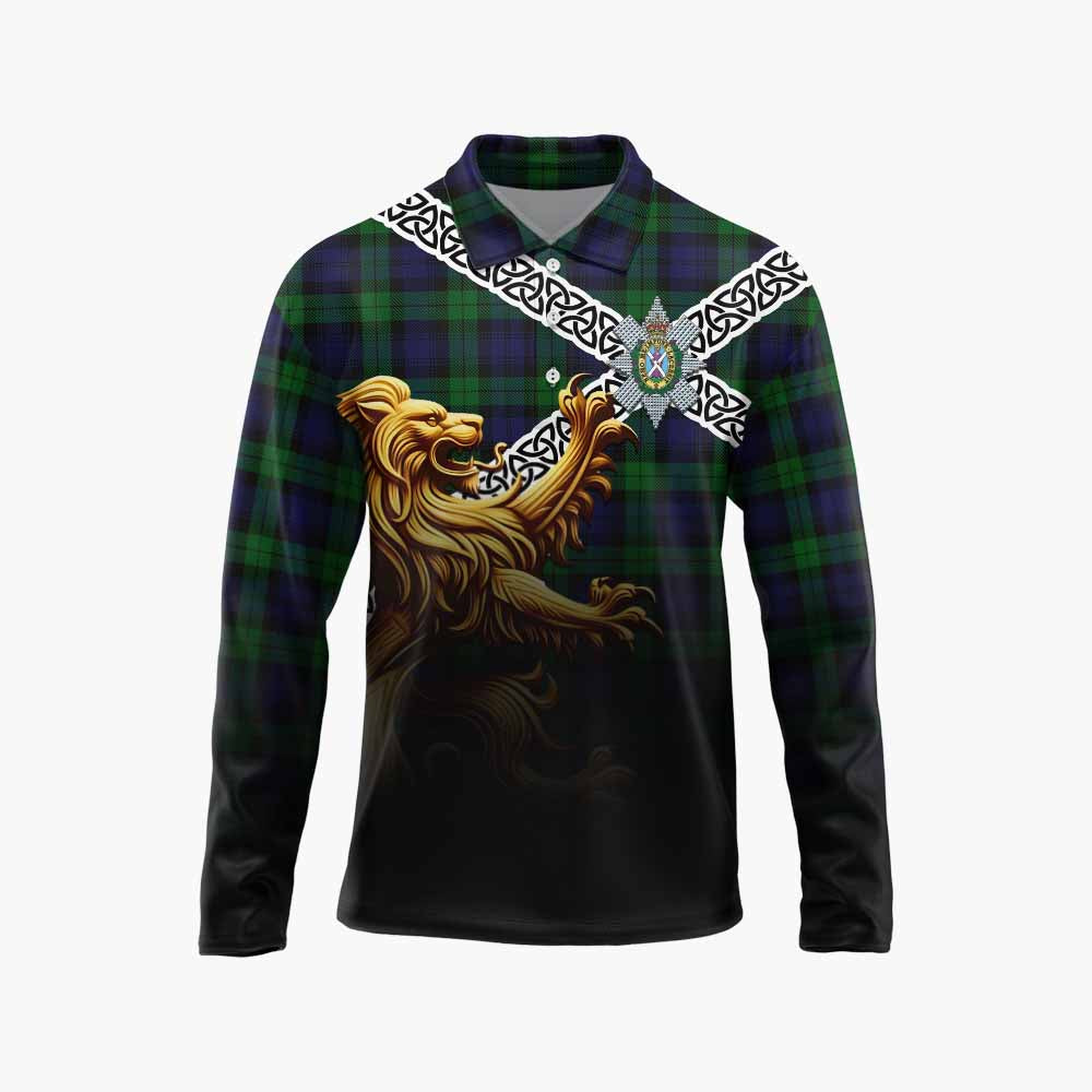 Tartan Vibes Clothing Black Watch Crest Tartan Long Sleeve Polo Shirt with Golden Lion Emblem Celtic Style