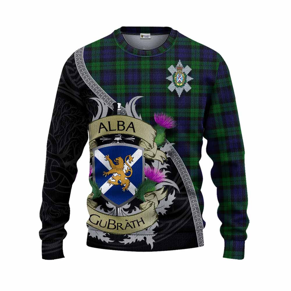 Tartan Vibes Clothing Black Watch Tartan Family Crest Knitted Sweater Lion Rampant Royal Thistle Shield Celtic Inspired