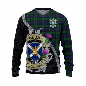 Tartan Vibes Clothing Black Watch Tartan Family Crest Knitted Sweater Lion Rampant Royal Thistle Shield Celtic Inspired