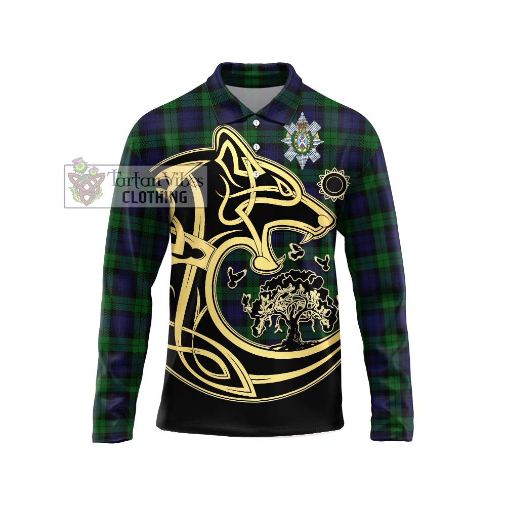Black Watch Tartan Long Sleeve Polo Shirt with Family Crest Celtic Wolf Style Unisex - Tartan Vibes Clothing