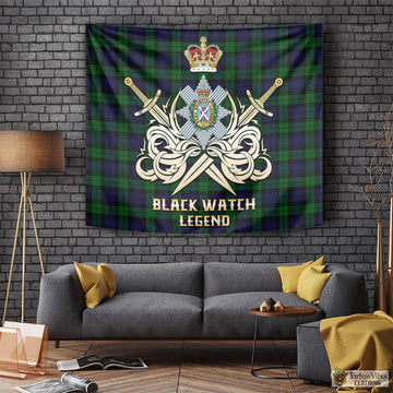 Black Watch Tartan Tapestry with Clan Crest and the Golden Sword of Courageous Legacy