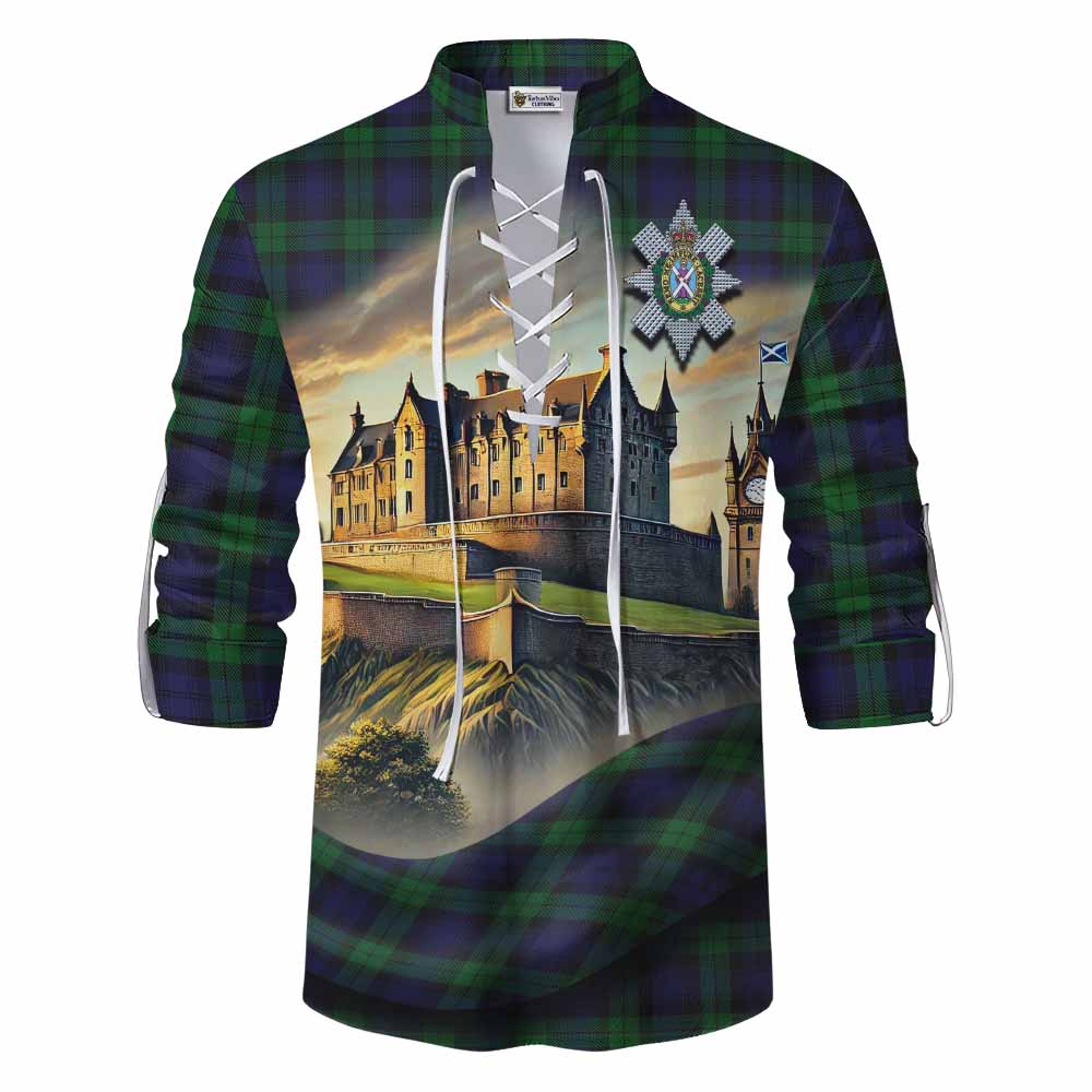 Tartan Vibes Clothing Black Watch Tartan Family Crest Ghillie Kilt Shirt with Scottish Ancient Castle Style