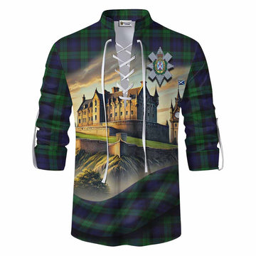 Tartan Vibes Clothing Black Watch Tartan Family Crest Ghillie Kilt Shirt with Scottish Ancient Castle Style