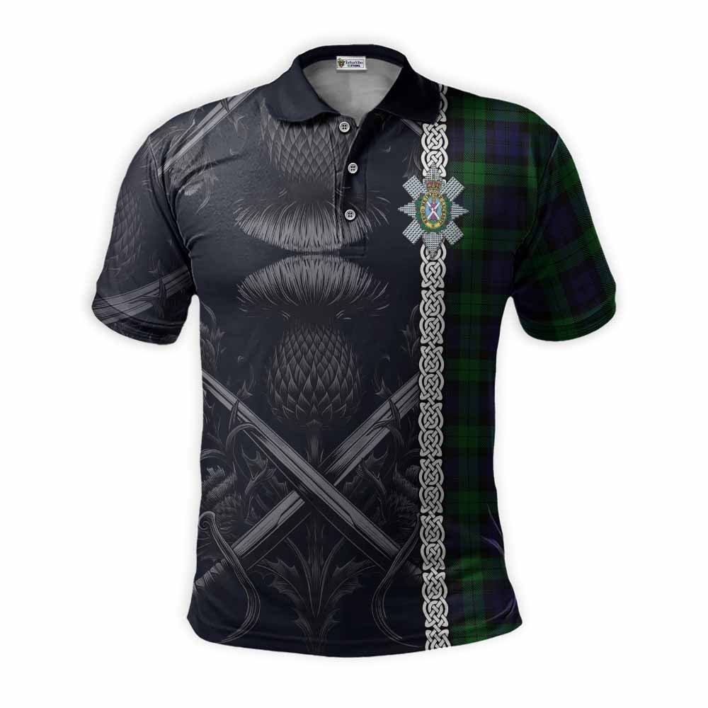 Tartan Vibes Clothing Black Watch Tartan Polo Shirt with Family Crest Cross Sword Thistle Celtic Vibes