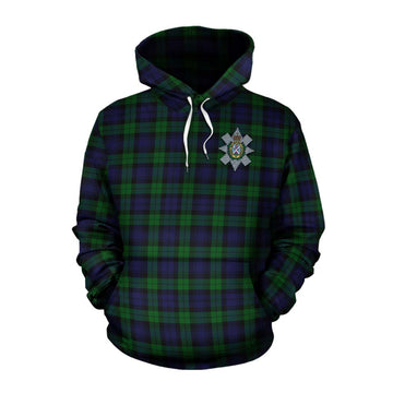 Tartan Vibes Clothing Black Watch Tartan Cotton Hoodie with Family Crest and Bearded Skull Holding Bottles of Whiskey