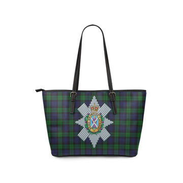Black Watch Tartan Leather Tote Bag with Family Crest