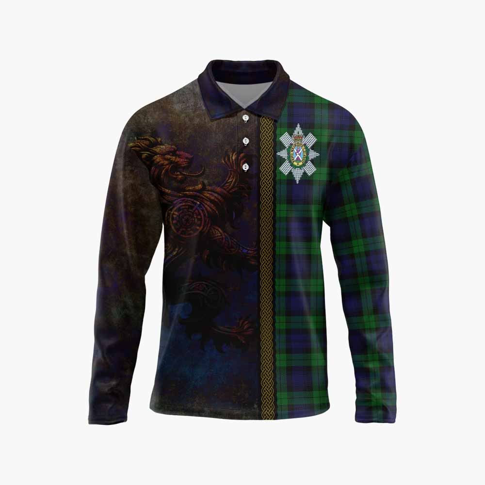 Tartan Vibes Clothing Black Watch Tartan Family Crest Long Sleeve Polo Shirt Alba Gu Brath Be Brave Lion Ancient Style