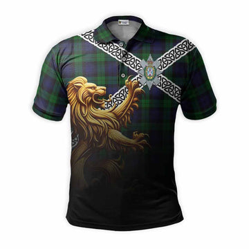 Black Watch Crest Tartan Polo Shirt with Golden Lion Emblem Celtic Style