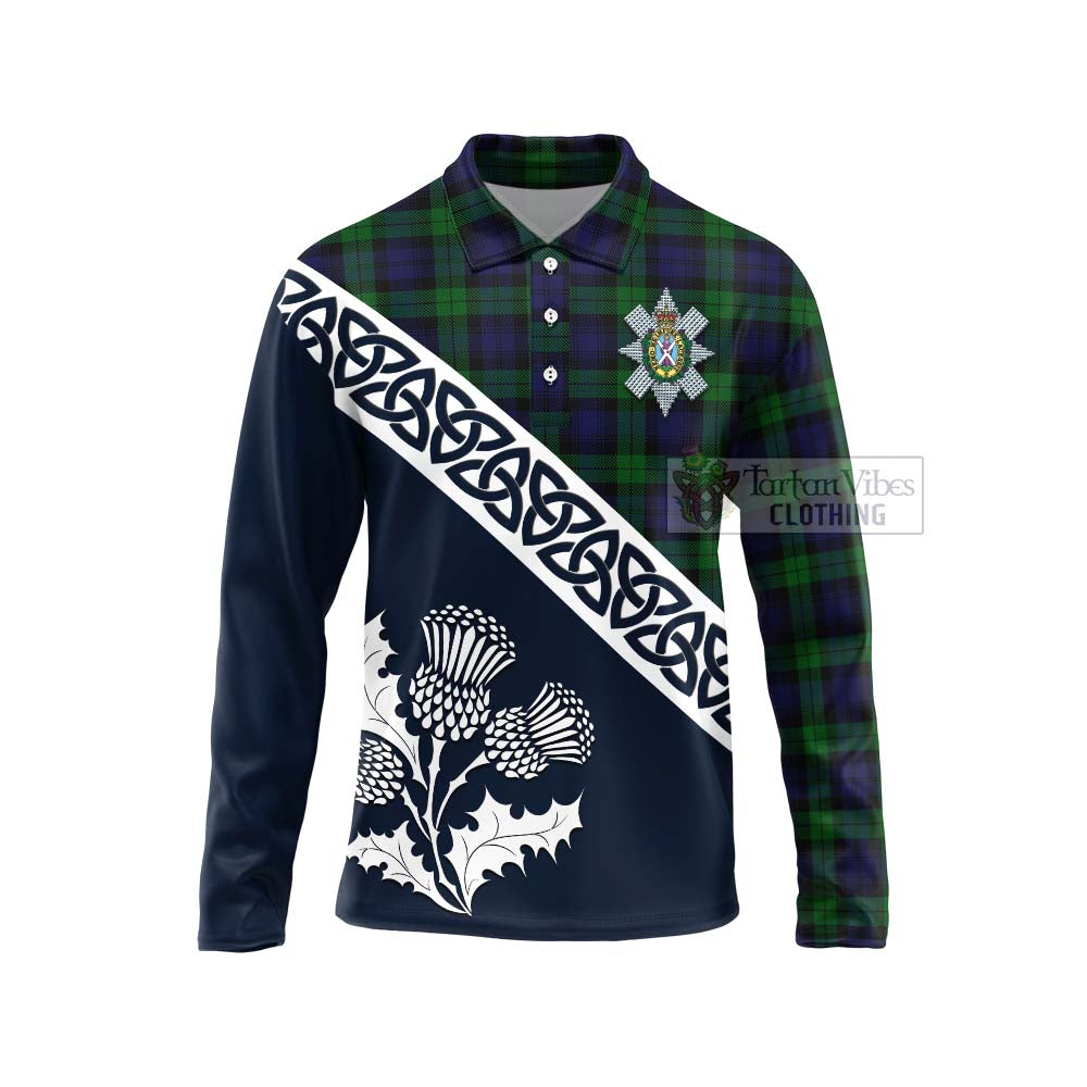 Black Watch Tartan Long Sleeve Polo Shirt Featuring Thistle and Scotland Map Unisex - Tartan Vibes Clothing