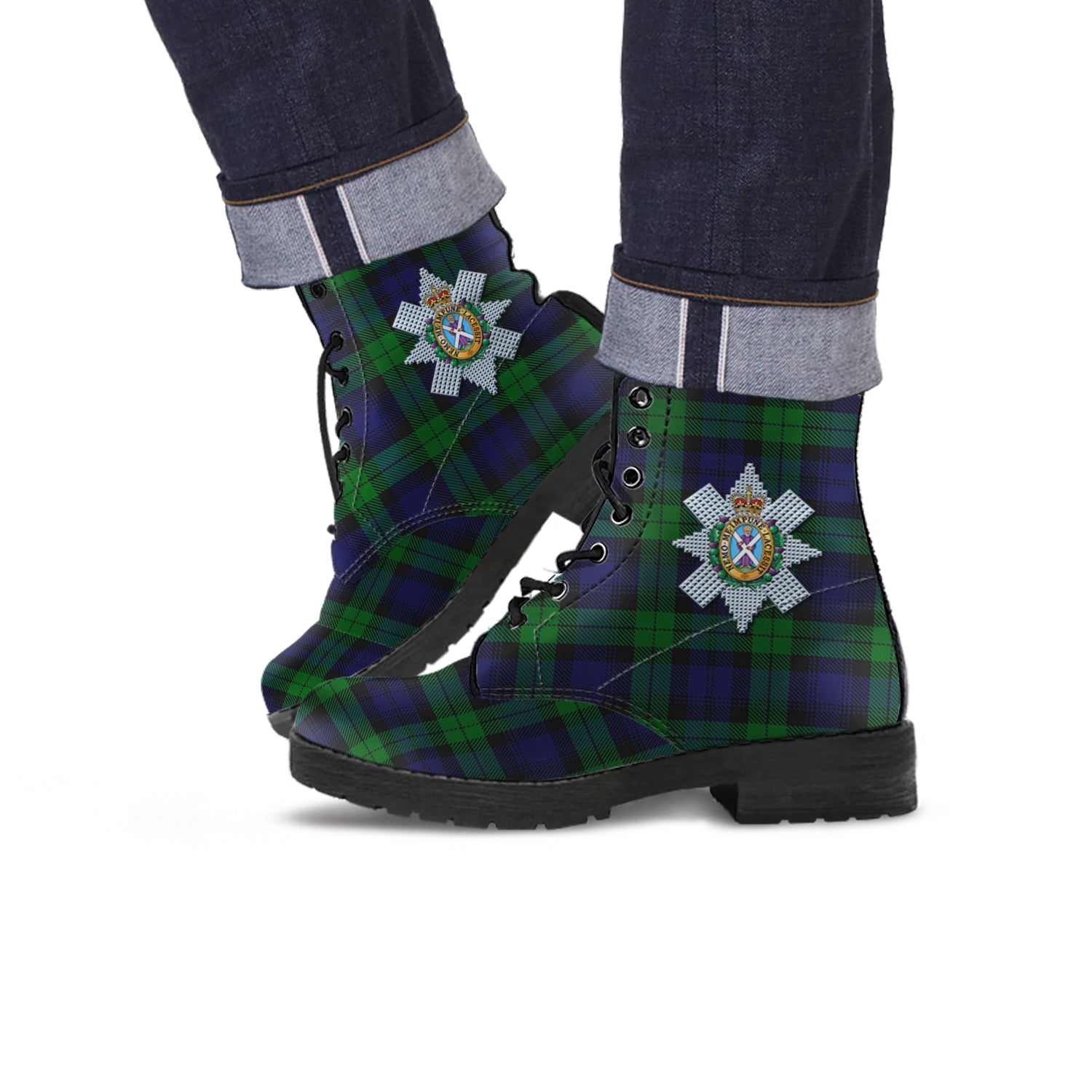 Black Watch Tartan Leather Boots with Family Crest - Tartanvibesclothing