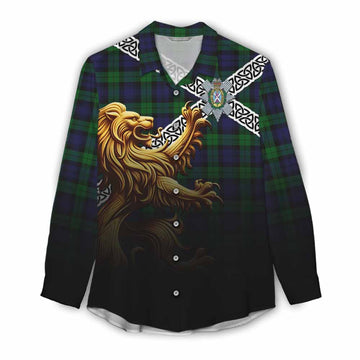 Black Watch Crest Tartan Women's Casual Shirt with Golden Lion Emblem Celtic Style