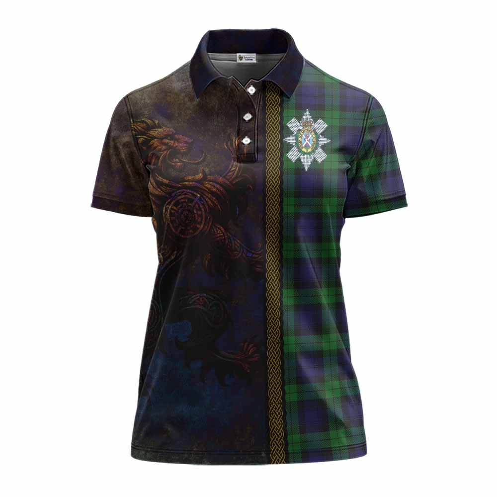 Tartan Vibes Clothing Black Watch Tartan Family Crest Women's Polo Shirt Alba Gu Brath Be Brave Lion Ancient Style
