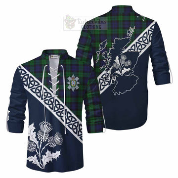 Tartan Vibes Clothing Black Watch Tartan Ghillie Kilt Shirt Featuring Thistle and Scotland Map