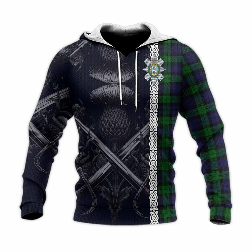Tartan Vibes Clothing Black Watch Tartan Knitted Hoodie with Family Crest Cross Sword Thistle Celtic Vibes