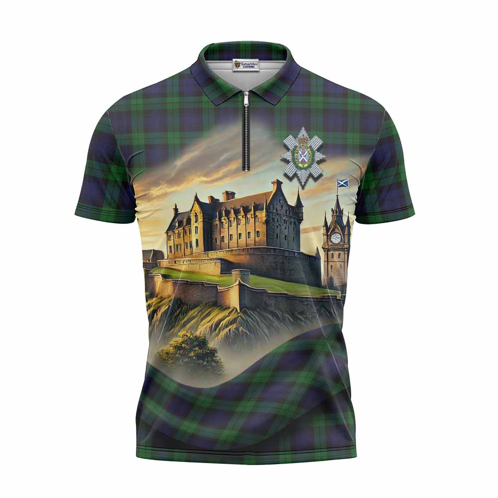 Tartan Vibes Clothing Black Watch Tartan Family Crest Zipper Polo Shirt with Scottish Ancient Castle Stype