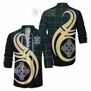 Tartan Vibes Clothing Black Watch Tartan Ghillie Kilt Shirt with Family Crest and Celtic Symbol Style