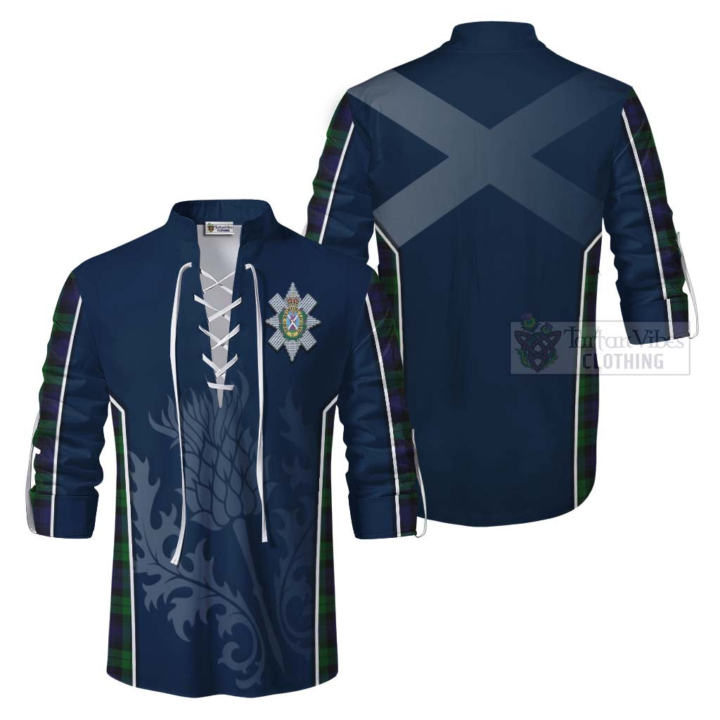 Tartan Vibes Clothing Black Watch Tartan Ghillie Kilt Shirt with Family Crest and Scottish Thistle Vibes Sport Style
