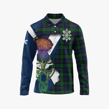 Tartan Vibes Clothing Black Watch Tartan Family Crest Long Sleeve Polo Shirt Scottish Thistle Celtic Inspired
