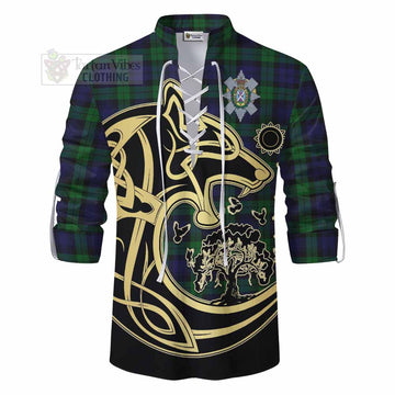 Tartan Vibes Clothing Black Watch Tartan Ghillie Kilt Shirt with Family Crest Celtic Wolf Style