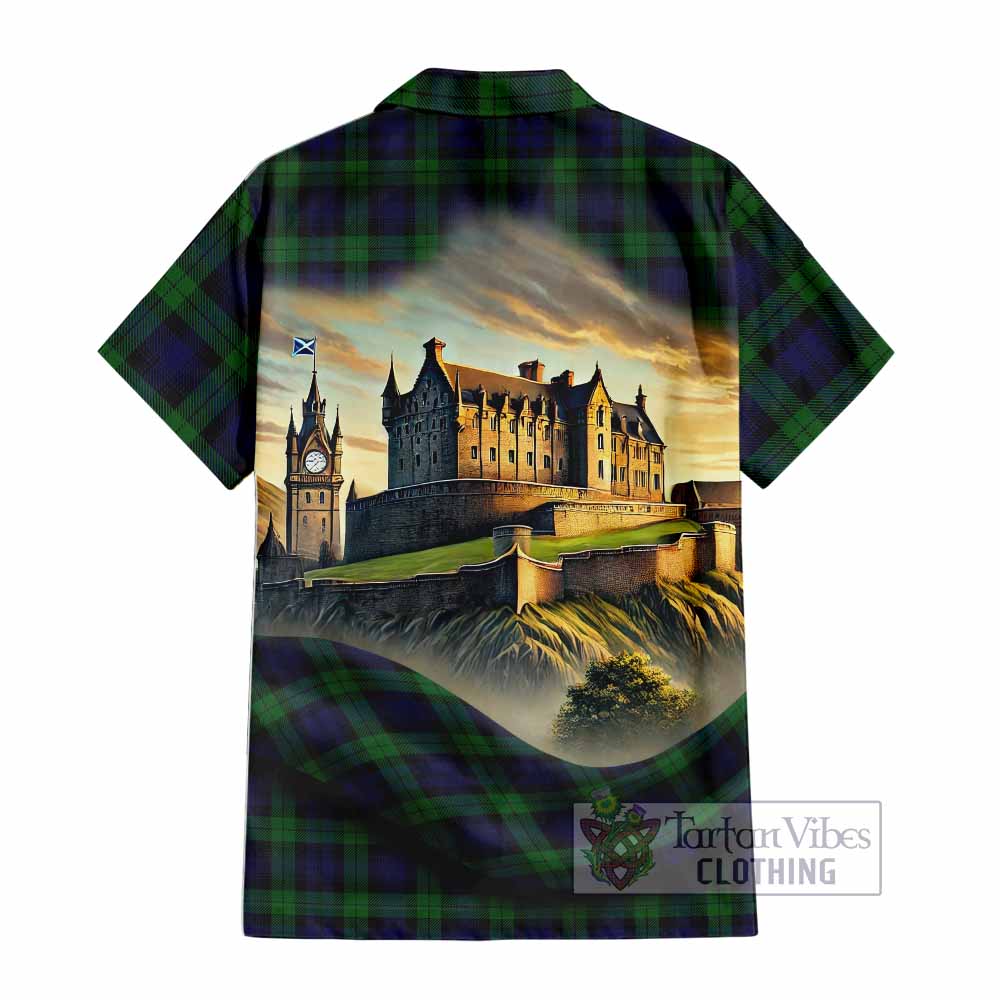 Tartan Vibes Clothing Black Watch Tartan Family Crest Short Sleeve Button Shirt with Scottish Ancient Castle Style