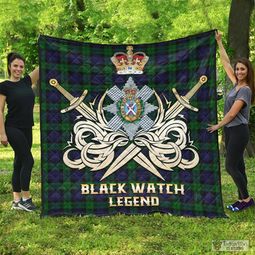 Black Watch Tartan Quilt with Clan Crest and the Golden Sword of Courageous Legacy