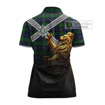 Tartan Vibes Clothing Black Watch Crest Tartan Women's Polo Shirt with Golden Lion Emblem Celtic Style