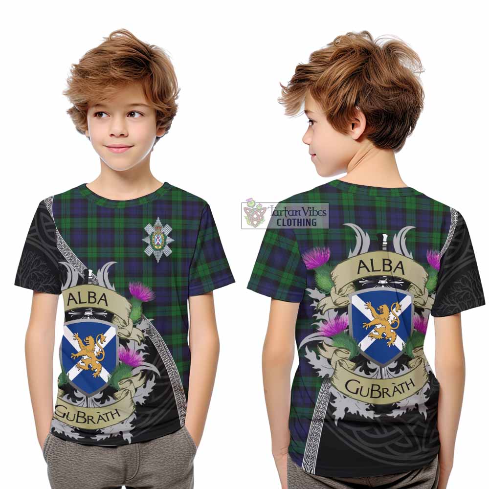 Tartan Vibes Clothing Black Watch Tartan Family Crest Kid T-Shirt Lion Rampant Royal Thistle Shield Celtic Inspired