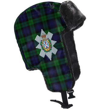 Black Watch Tartan Winter Trapper Hat with Family Crest