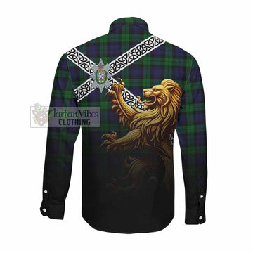 Black Watch Crest Tartan Long Sleeve Button Shirt with Golden Lion Emblem Celtic Style