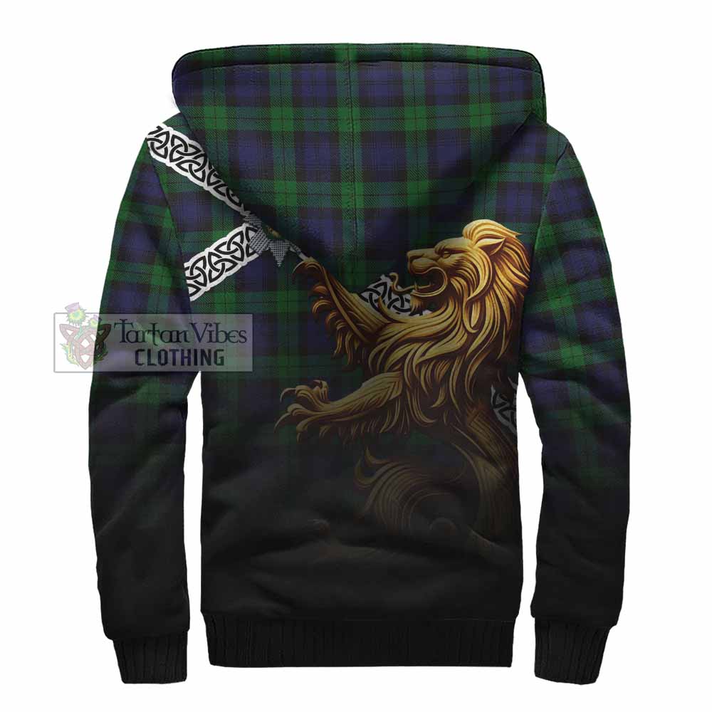 Tartan Vibes Clothing Black Watch Crest Tartan Sherpa Hoodie with Golden Lion Emblem Celtic Style