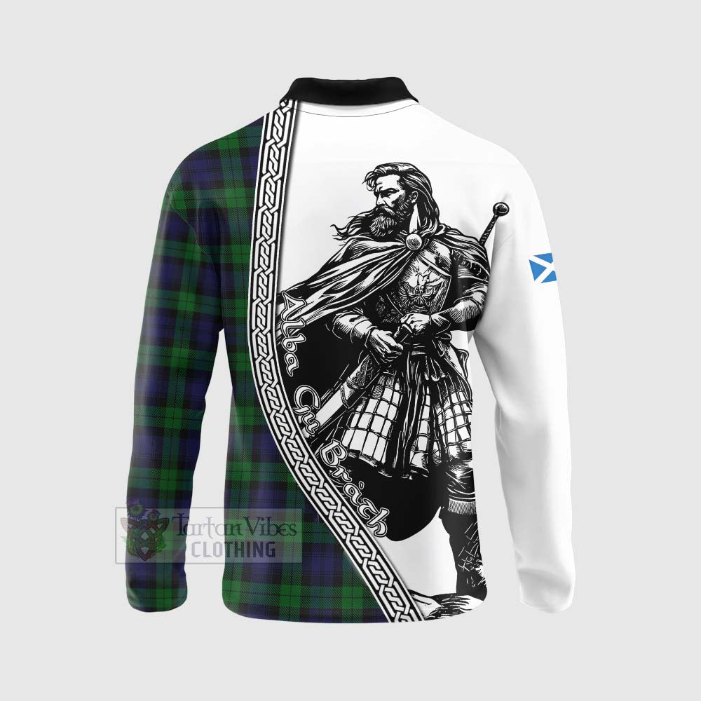Black Watch Tartan Clan Crest Long Sleeve Polo Shirt with Highlander Warrior Celtic Style - Tartan Vibes Clothing