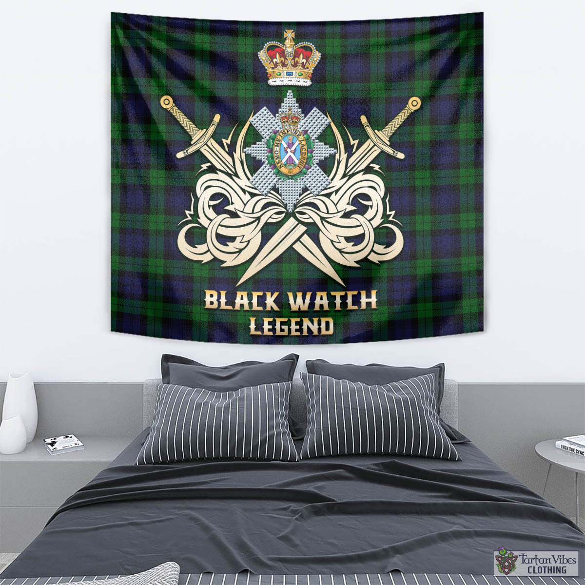 Tartan Vibes Clothing Black Watch Tartan Tapestry with Clan Crest and the Golden Sword of Courageous Legacy