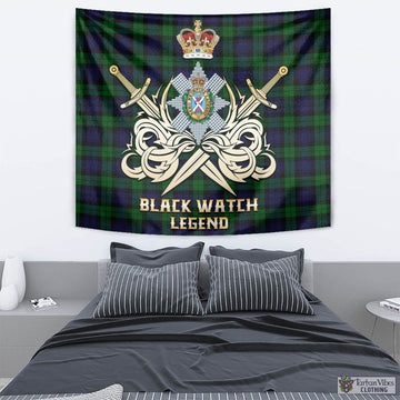 Black Watch Tartan Tapestry with Clan Crest and the Golden Sword of Courageous Legacy