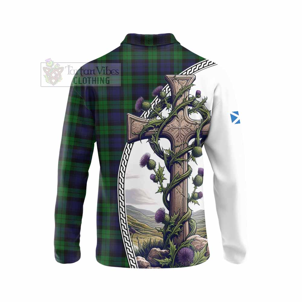 Tartan Vibes Clothing Black Watch Tartan Long Sleeve Polo Shirt with Family Crest and St. Andrew's Cross Accented by Thistle Vines