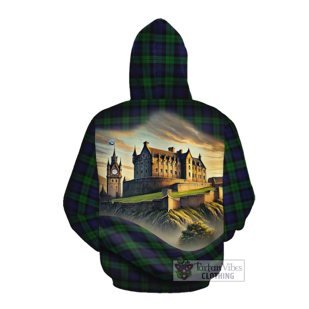 Tartan Vibes Clothing Black Watch Tartan Family Crest Cotton Hoodie with Scottish Ancient Castle Style