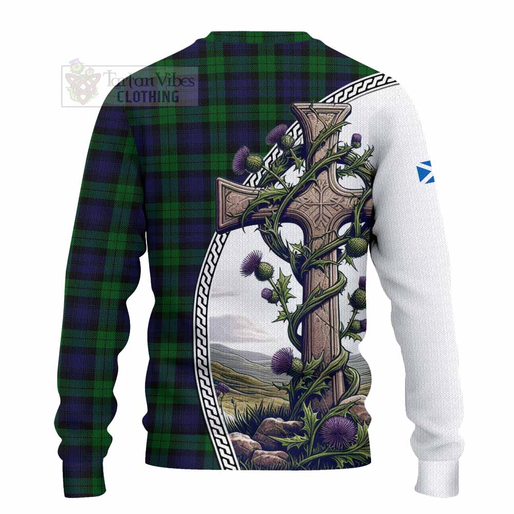 Tartan Vibes Clothing Black Watch Tartan Knitted Sweater with Family Crest and St. Andrew's Cross Accented by Thistle Vines