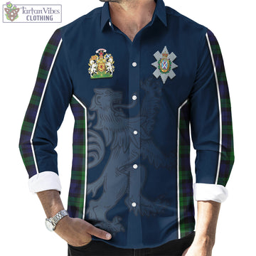 Black Watch Tartan Long Sleeve Button Up Shirt with Family Crest and Lion Rampant Vibes Sport Style