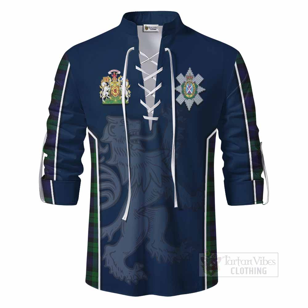 Tartan Vibes Clothing Black Watch Tartan Ghillie Kilt Shirt with Family Crest and Lion Rampant Vibes Sport Style