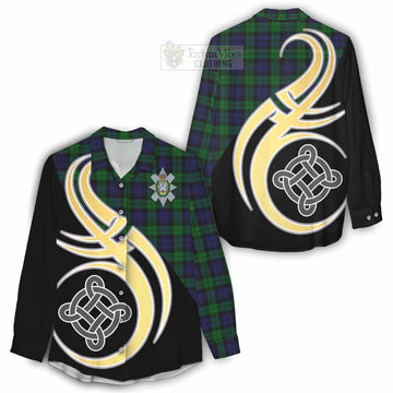 Tartan Vibes Clothing Black Watch Tartan Women's Casual Shirt with Family Crest and Celtic Symbol Style