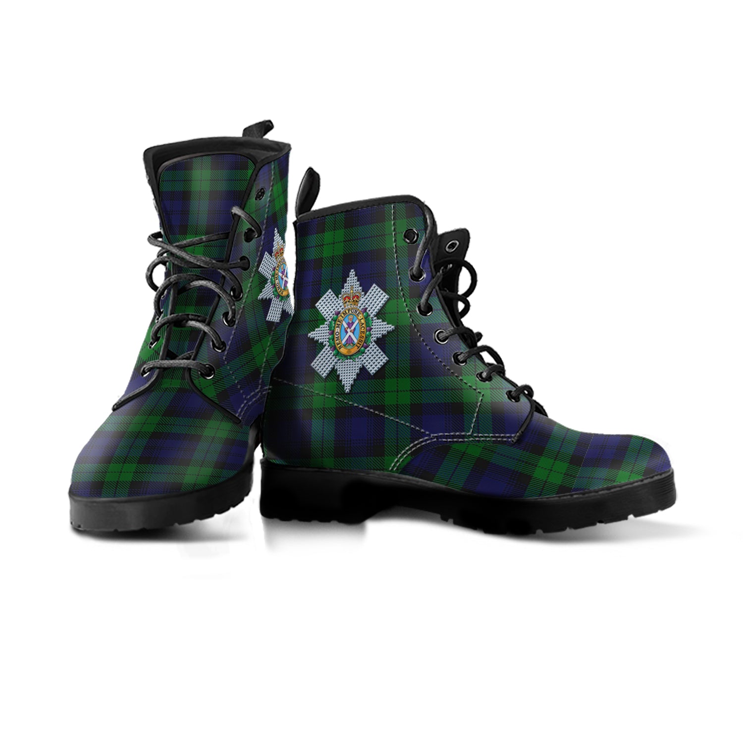 Black Watch Tartan Leather Boots with Family Crest - Tartanvibesclothing